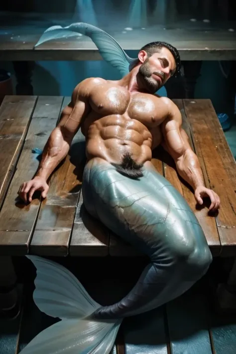 Submisive muscle men with blue mermaid tail lying on wood table. Merman is wet and oiled ,  cracked and greasy. It is very much oiled and wet. black hair, black beard.