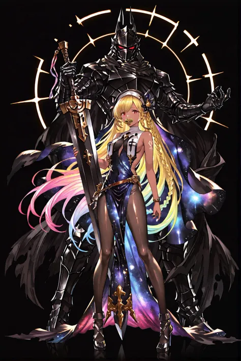Scar on Nose, Black Armor, whole body盔甲,  Broken Cloak , Closed monocular , 龍殺手之sword-II.v1.0, Holding - Dragon Slayer, Giant Weapon, sword, holding sword,  holding a weapon ,, weapon, 大sword,sword,圣sword，神sword，魔sword，sword散发着紫光 holding weapon, ruanyi0847...