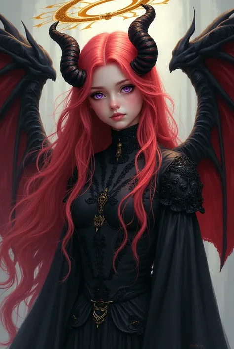 Girl with red hair shades of pink waist length, Face of a young girl with purple eyes, With black clothes a lot of details,  full body, golden halo , black and red horns ,Besides, a super detailed demon wing and an angel wing with a gothic castle in the ba...