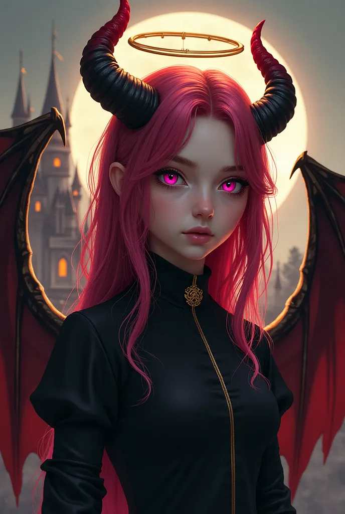 Girl with red hair shades of pink waist length, Face of a young girl with purple eyes, With black clothes a lot of details,  full body, golden halo , black and red horns ,Besides, a super detailed demon wing and an angel wing with a gothic castle in the ba...