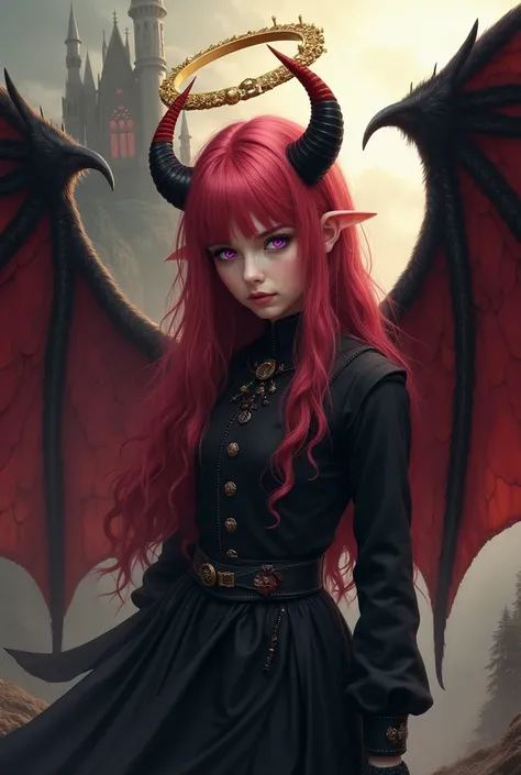 Girl with red hair shades of pink waist length, Face of a young girl with purple eyes, With black clothes a lot of details,  full body, golden halo , black and red horns ,Besides, a super detailed demon wing and an angel wing with a gothic castle in the ba...