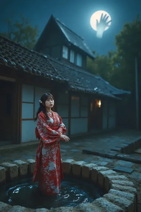 "A Japanese woman in a traditional kimono stands at the edge of an old, decrepit well at midnight. Suddenly, the water in the well starts to ripple, and the ghostly hand of Okiku, the vengeful spirit, reaches out from the darkness. The eerie glow of the mo...