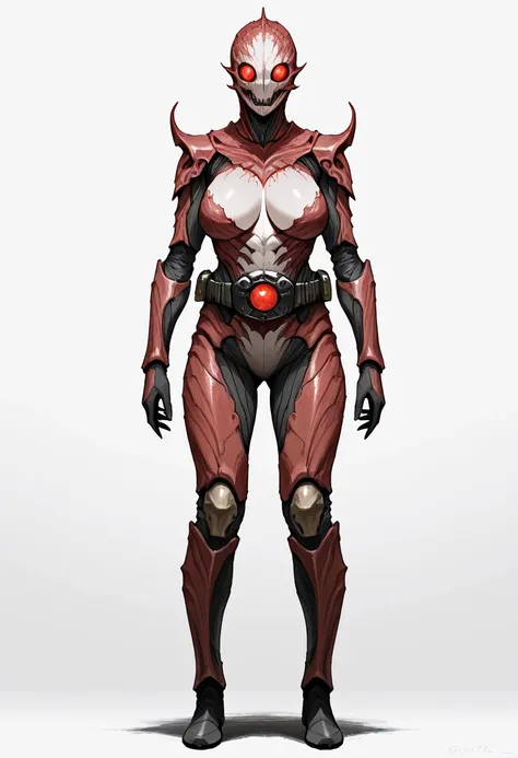 Top quality, full body, standing, from front,looking at viewer, white background. no human features,A japanese horror-like female humanoid monster,large breasts, perfect body,non-human features,no human face,scary armor, rider belt