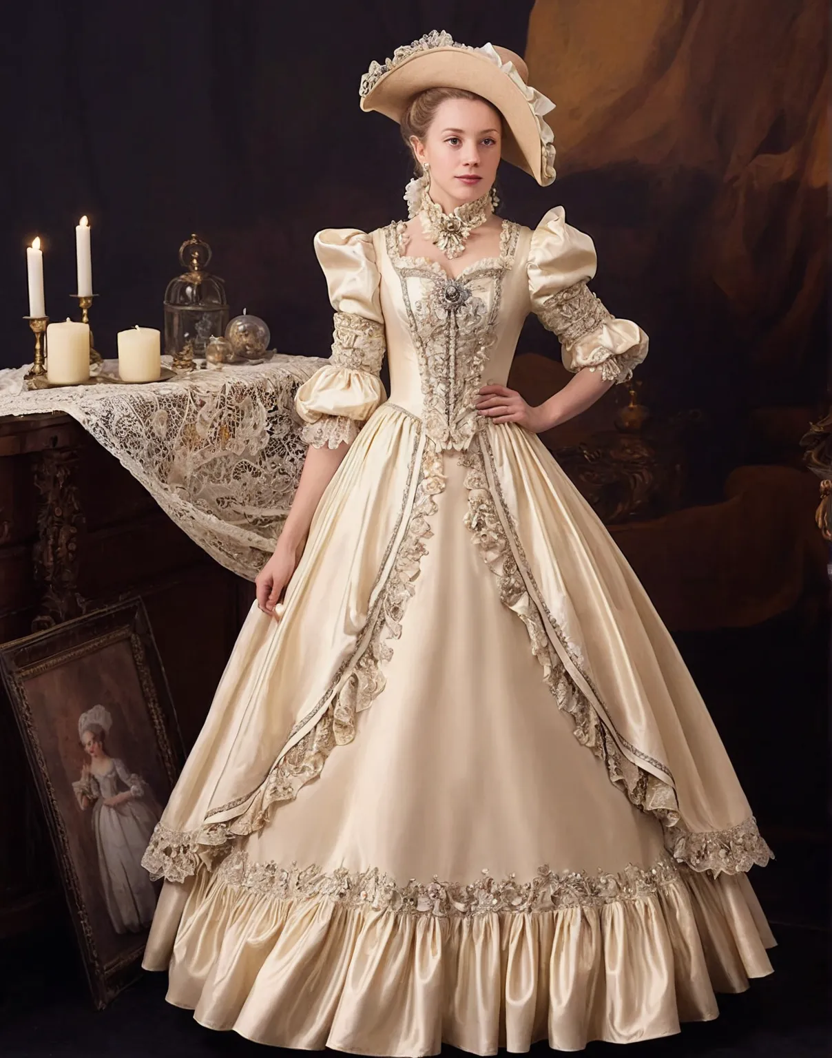 a woman in a dress with a hat and a candle, historical baroque dress, intricate victorian dress, victorian dress, dress in the style of rococo, ornate royal gown, victorian style costume, rococo dress, royal gown, baroque dress, rococo queen, in victorian ...