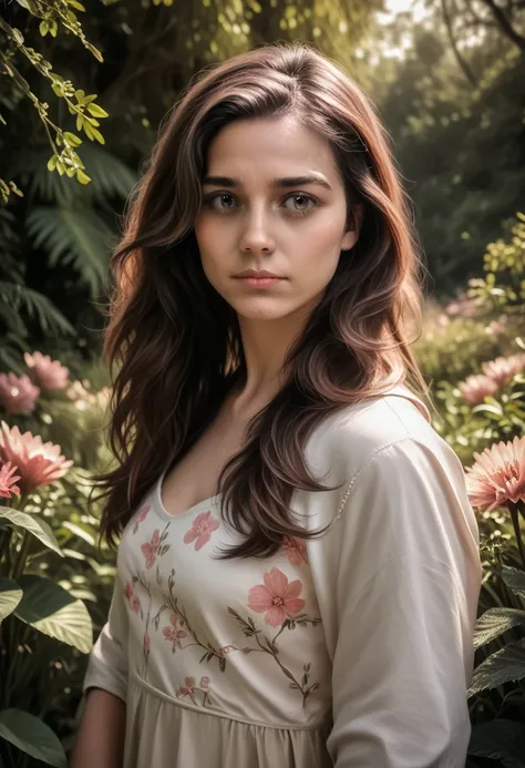 a beautiful, young woman with long, flowing brown hair, delicate facial features, and a serene expression, standing outdoors in a lush garden with vibrant flowers, (best quality,4k,8k,highres,masterpiece:1.2),ultra-detailed,(realistic,photorealistic,photo-...