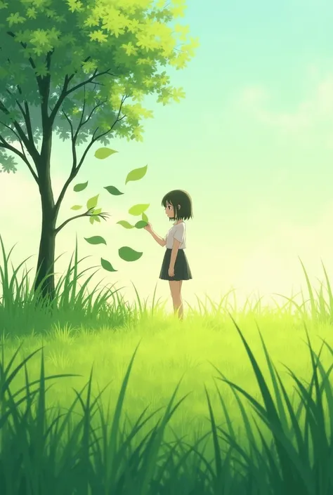 Green grass background,middle have one three have 12leaves beside the tree have girl  counting the leaves and clean sky