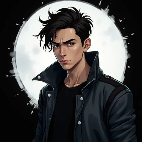 
 A young male with a sharp, angular face and a serious, determined expression.
He has light skin and a defined jawline, with a slight furrow in his brows, adding to his intense look.
Hair Style:

His hair is black brown messy style.
Clothing:

He is weari...