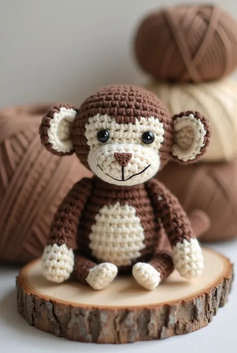 The image features a charming crocheted monkey toy. The monkey has a cute, smiling face with a light-colored muzzle and large ears, giving it an adorable appearance. Its body is primarily a dark brown color, with cream-colored accents on the face, belly, a...