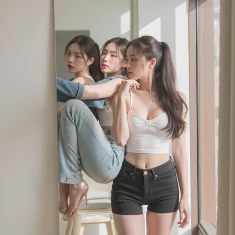 An arafe woman is posing in front of a mirror. A woman in short shorts is posing. bent position  , hunched posture,  bending position  ,  curved position  ,  most powerful pose  ,  bowing head  ,  pixel stretch  ,  back pose  ,  pants pocket  ,  Perfect dy...