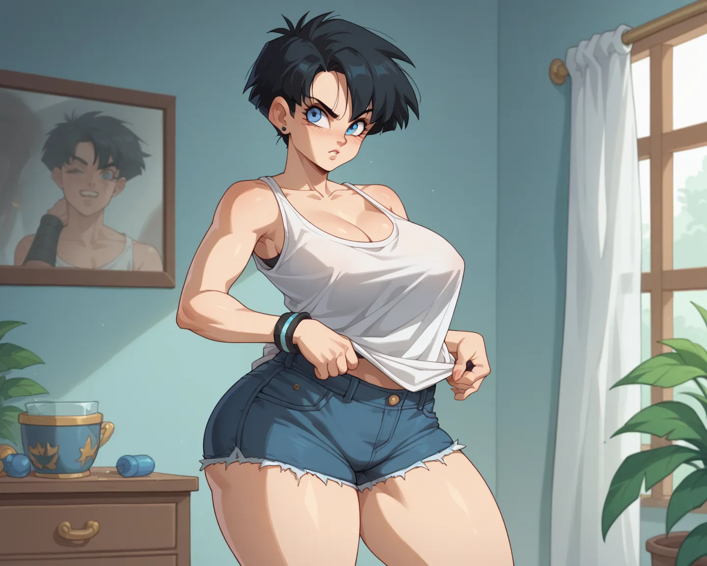 Videl was standing in front of the mirror in her room with bdsm details  , her short black hair shining in the faint light .  Her blue eyes reflected an air of confidence as she held the sides of her panties between her fingers. . She wore an oversized whi...