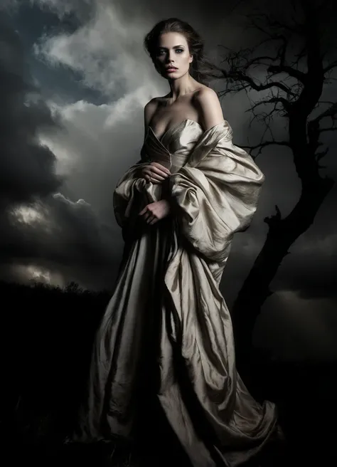 a woman in a dress standing in front of a tree, awesome and moody, dramatic backgroung, dramatic lighting, dramatic and moody, fine art fashion, elegant lady with alabaster skin, beautiful and ominous, against a stormy sky, cloaked woman, fantasy woman