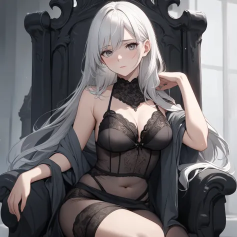 High resolution, high quality, HD, beautiful female, 1 female, beautiful, mature medium breasts, ager, indifferent, emotionless, kuudere, manipulative, long straight white hair, gray colored eyes, wearing a lingerie, sexy, sitting on a throne