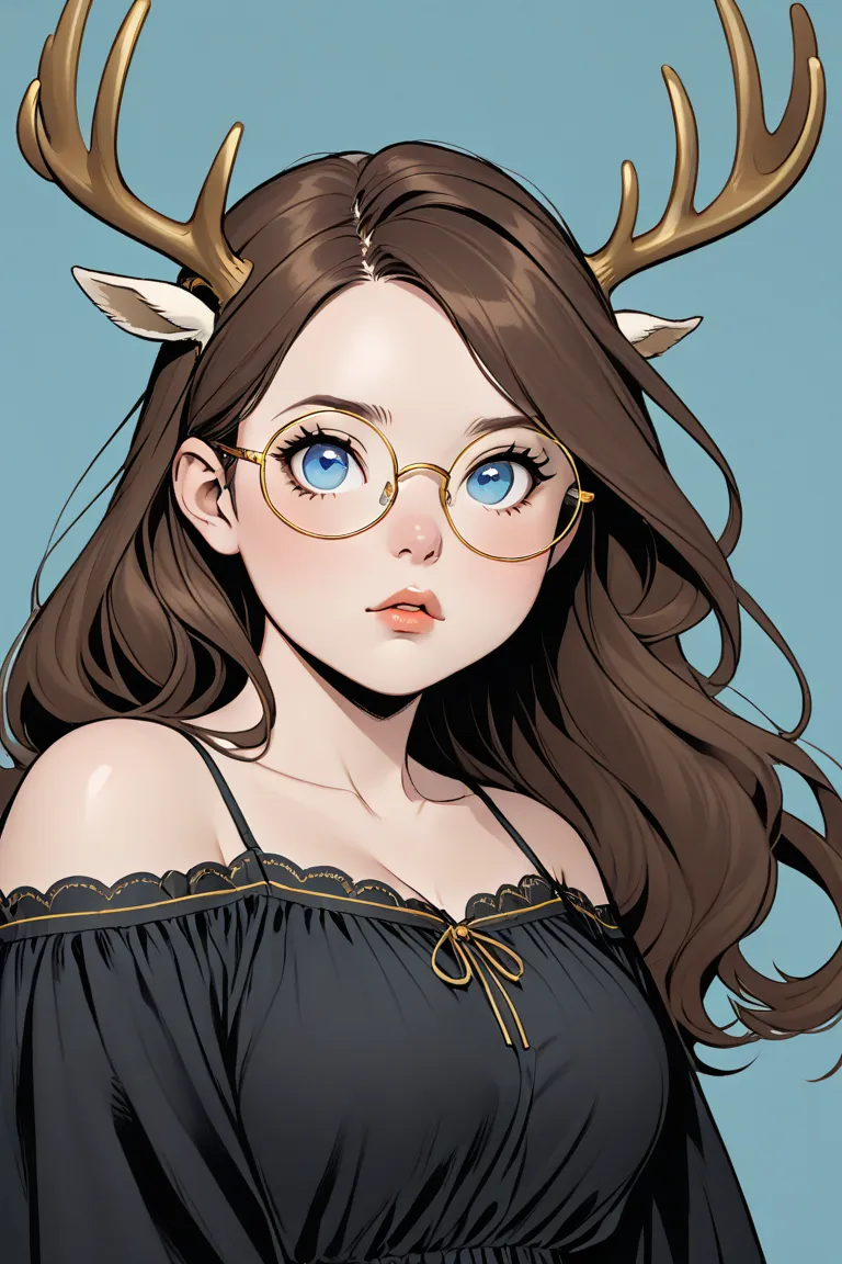 A young woman, wears a black nightgown. Has big brown whitetail deer ears and NO ANTLERS. Has very long, brown hair with curtain bangs, Light blue eyes, and round black and gold wire frame glasses. Is relatively short, stands at about 5'2. Face is alittle ...