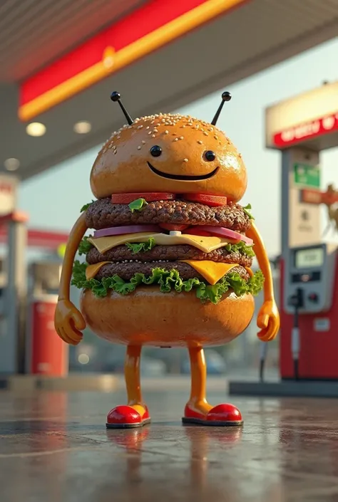 A burger in the shape of a human being at a gas filling station