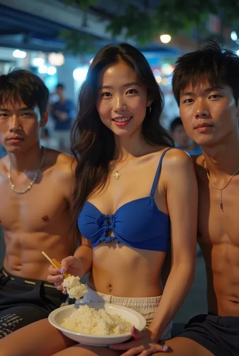 Korean woman with very big breasts, very beautiful, white, pink skin, wearing a sexy blue crop top, cream shorts, sitting eating rice in the middle between two handsome Thai men, at night, a lot of people, galvanized sheet metal