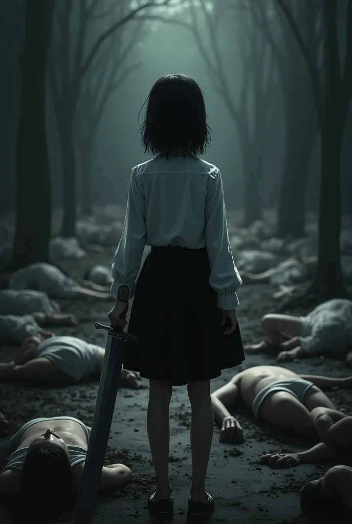 Black haired girl with a white shirt and a black skirt stand facimg her back with a sword in her left hand and a bunch of dead bodies in front of her