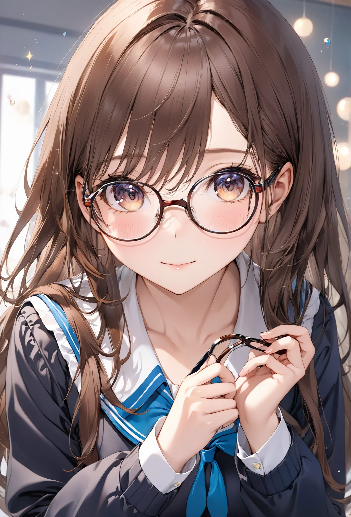 ((masterpiece)), ((high resolution)), ((best quality)), (ultra-detailed),a girl,very cute,18 years old,high school uniform,long brown hair,Faithfully recreates the gesture of putting on glasses, A magical moment