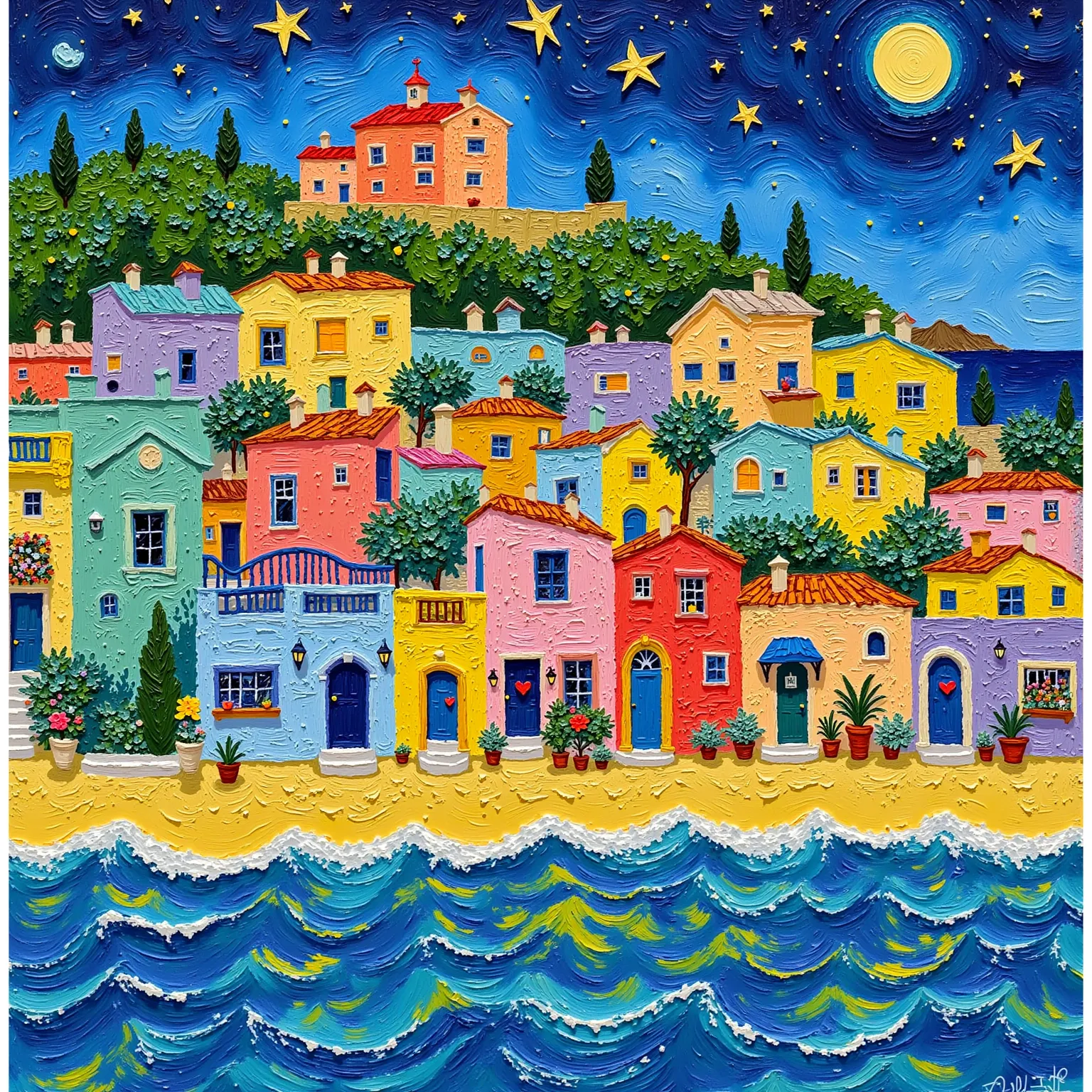 Thick-coated oil paint，Texture，Color texture painting，石膏Texture，Beautiful seaside town， night view。 bright color 