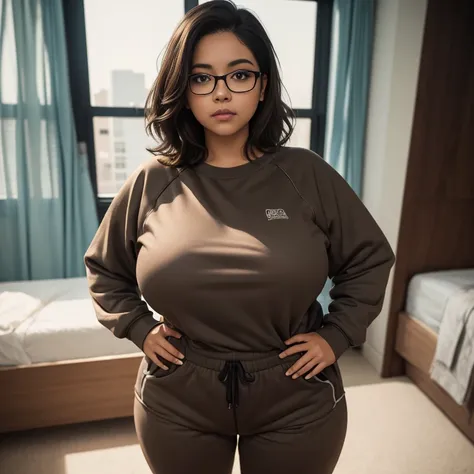 Dark photo style, jacky a short cute chubby Mexican emo chola nerdy , short slightly wild hair, cute detailed brown eyes, cutely detailed lips, cute highly detailed face, huge voluptuous sagging breasts, thin thighs, thin hips, wearing long-sleeved sweatsh...