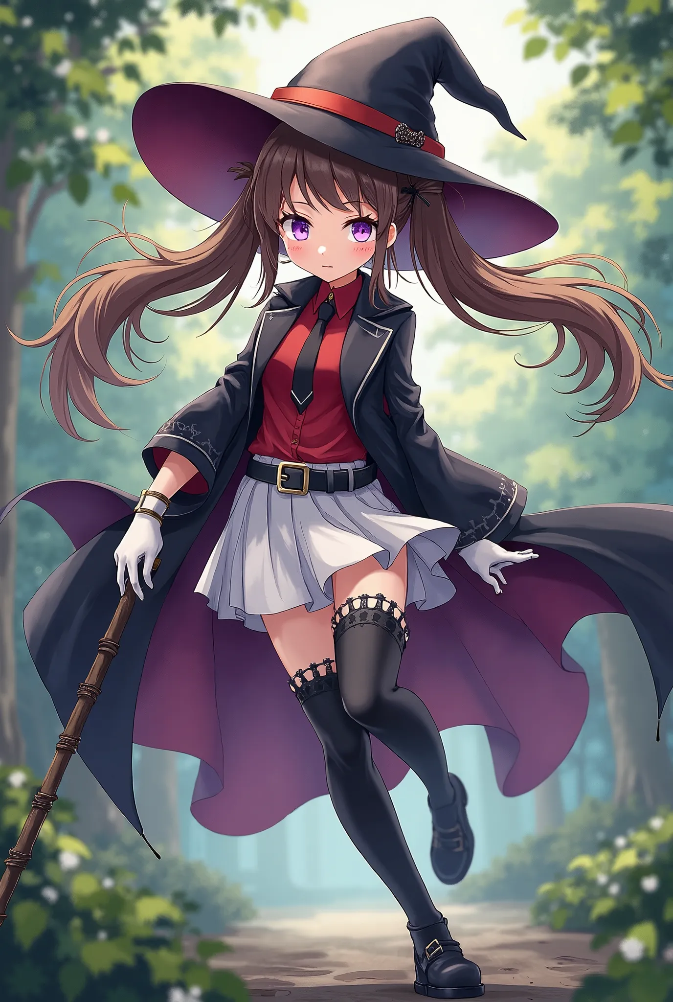 1 girl,Alone,1 girl,Alone, stoShoo  ,  horse girl , long hair, brown hair, purple eyes, witch hat ,
 sTwitch  , black robe ,  white pleated skirt  , red shirt,Black Belt,white gloves, black thigh high boots, black tie , hair ring, twin tails,
 dynamic pose...