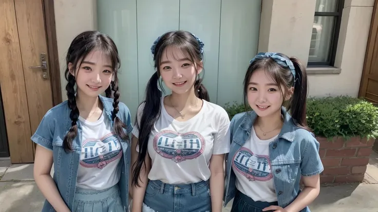 ( 3 girls),smile、  Look into the camera  、   Diamond Necklace、Pigtail , Wear it with Jeans skirt  ..( )、   smooth material  ,     slippery and elastic    ..、   revealing upper arms   、  socks with a blue green print, Knee Length  ,   extra long winged hair...