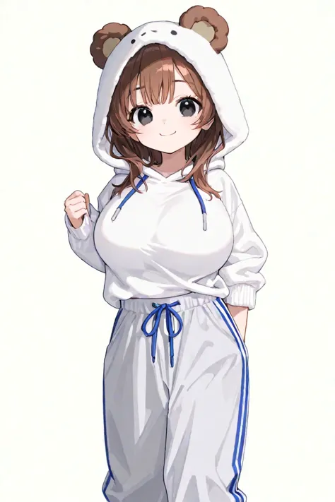 white background, 1 Japanese girl, alone, cute, top quality, soft light, vivid, full-body, clear line, smile, big breasts,a little bear feeling, bear ears, black eyes, A white sweater with a blue line on the arm, white hoody, white dolphin pants, brown hai...