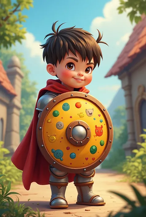 LITTLE WARRIOR HOLDING A CARTOON SHIELD