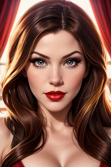 A portrait of a beautiful female whose facial features are a combo of Katharine McPhee + Renee Olstead. The female's hair is untied and hangs loose. The female has lovely makeup on her face. The female wears red lipstick. Symmetrical eyes. Symmetrical face...