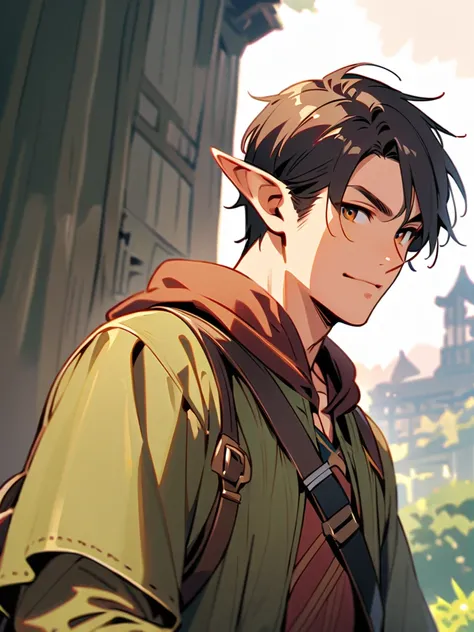 One man is an elf, dark brown, good-looking, an adventurer