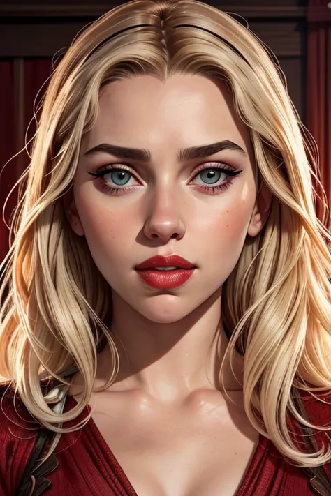 A portrait of a beautiful female whose facial features are a combo of Scarlett Johansson + Emilia Clarke. The female's hair is untied and hangs loose. The female has lovely makeup on her face. The female wears red lipstick. Symmetrical eyes. Symmetrical fa...