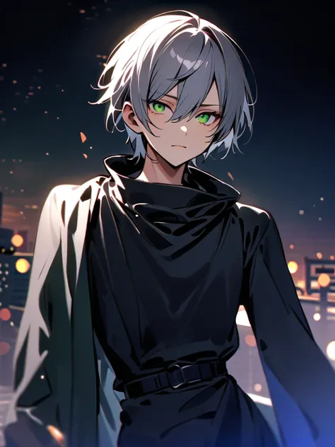 One man, gray hair, green eyes, senseless, with a dark blue aura, wearing a black dress, aged 20