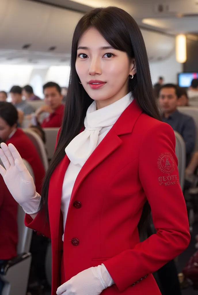 ((Suzy )) Suzy  is a flight attendant . She is wearing  a smart formal  BRIGHT RED uniform   and WHITE  LACY   scarf. Her uniform has intricate floral pattern details AND  WHITE  LACY  GLOVES . short skirt, model pose,, flight cabin, pantyhose .     ​highe...