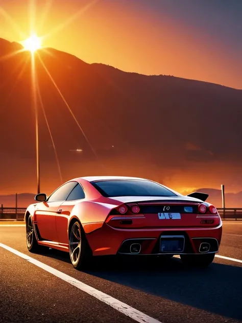 （0220）Theme：Road Trip at Sunset/Sunset Speed/Road Trip in the Sunset
( best quality,  super high heels,  photo real,  8k uhd,  cinematic lighting, Ultra-detailed metal texture, HDR,  ray tracing, Shiny reflections)  
Shooting from a distance
Strong sunligh...