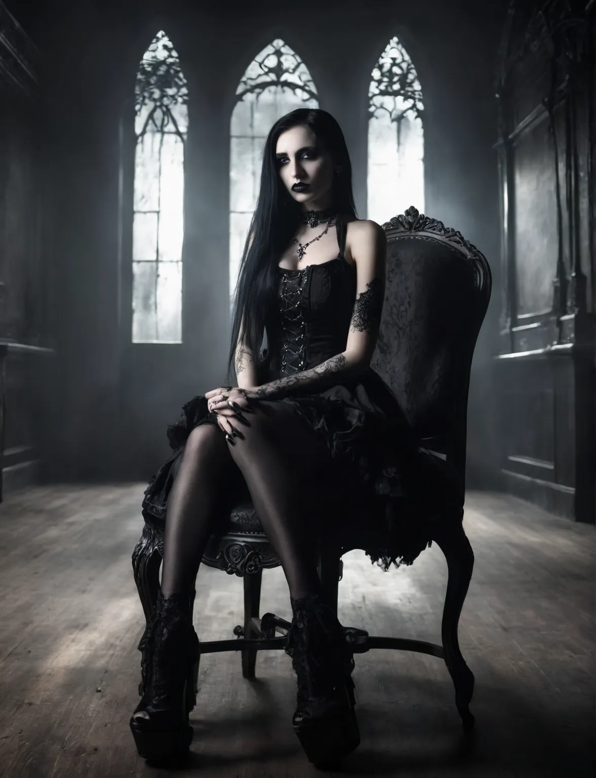 arafed woman sitting on a chair in a dark room, wearing a gothic dress, gothic fashion, very beautiful goth top model, gothic style, gothic clothing, gothic girl, gothic art style, dark gothic dress, goth woman, wearing modern gothic clothes, gothic clothe...