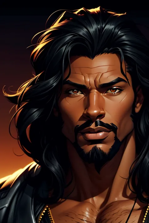 A handsome African American male with long black hair giving him a leonine appearance. Comic-style realism animation mixed with digital painting. Polished and realistic effect. Emphasis on detailed expressions and smooth gradients giving a balanced and com...