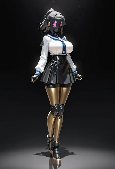  Masterpiece,  top quality,  high resolution, 1 girl, Alone,female-type robot、 black hair、 ponytail、long sleeve sailor suit、 iron mask on face ,The Iron Arm、  Black Skirts 、Iron foot、Big Breasts、 full body