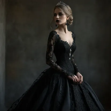 arafed woman in a black dress. an elegant gothic princess, black gown, wearing a gothic dress, black victorian dress, gothic dress, gothic regal black, dressed in black lace, intricate gown, extravagant dress, vintage gothic gown, gothic style, ornate gown...