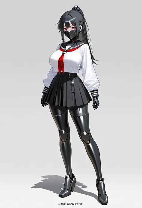  Masterpiece,  top quality,  high resolution, 1 girl, Alone,female-type robot、 black hair、 ponytail、bangs、long sleeve sailor suit、 iron mask on face ,The Iron Arm、  Black Skirts 、Iron foot、Big Breasts、 full body