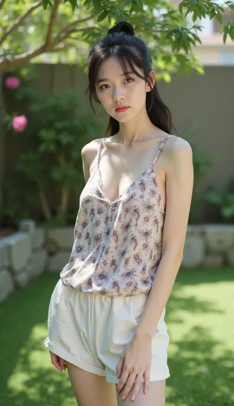 Wide angle shot of a young Asian woman, youthful face, black hair tied up, face and body, very white, pinkish-white, good complexion, oval face with cheeks, wearing a printed sleeveless camisole, loose fabric, comfortable to wear, revealing the size of the...