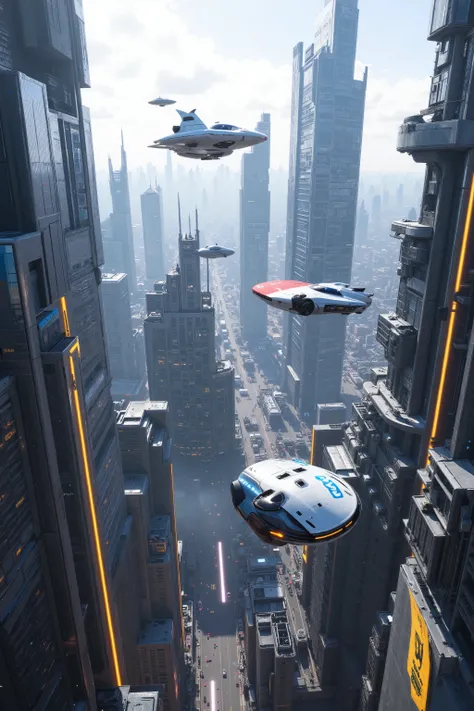 (best quality,4k,8k,highres,masterpiece:1.2), ultra-detailed. Two hovering vehicles can be seen in the broad daylight chasing each other in mid-air all over and around skyscrapers. One scrapes against the other and bumps him into a building. Ultra realist...