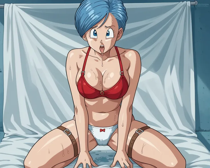 Bulma kneeling in her room with bdsm details , her short blue hair shining in the dim light .  Her blue eyes reflected an air of confidence as she held the sides of her wet panties between her fingers with her hands. . She wore a red bra with loose straps ...