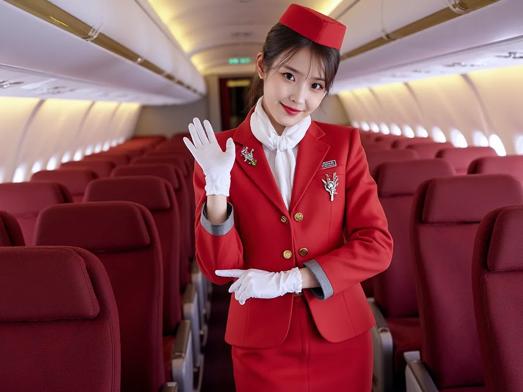 ((IU)) IU is a flight attendant . She is wearing  a smart formal  BRIGHT RED uniform   and WHITE  LACY   scarf. Her uniform has intricate floral pattern details AND  WHITE  LACY  GLOVES . short skirt, model pose,, flight cabin, pantyhose .     ​highest qua...