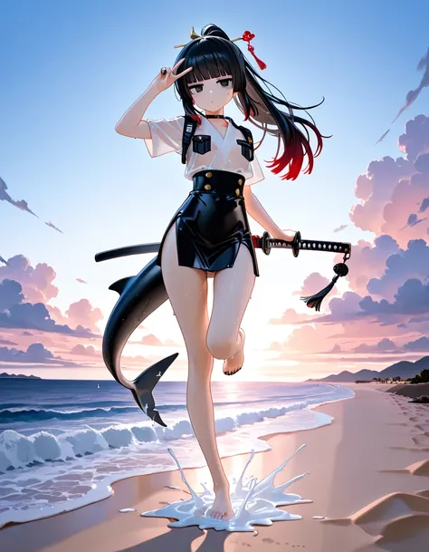 1girl, black eyes, jitome(0.5), Black Hair, red Gradient Hair, blunt bangs, hime cut, ponytail, black shark tail, small Breast, police, high-waist, Side slit skirt, Choker, bare legs, foot, toenails, nail polish, black nails, dynamic view, masterpiece, bes...