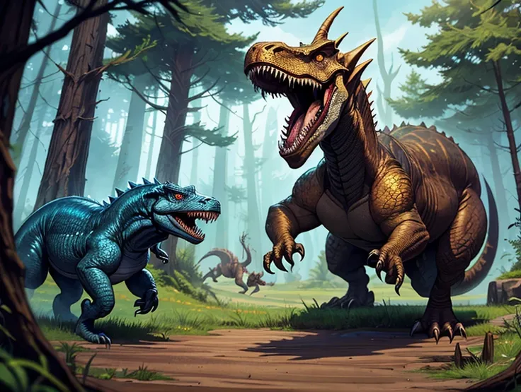 Jurassic公元, World of Warcraft style,  promotional image, Dinosaur Wars, Tyrannosaurus, Jurassic，Two-sided battle，Jurassic时代，Ancient Forest，Dragon Battle