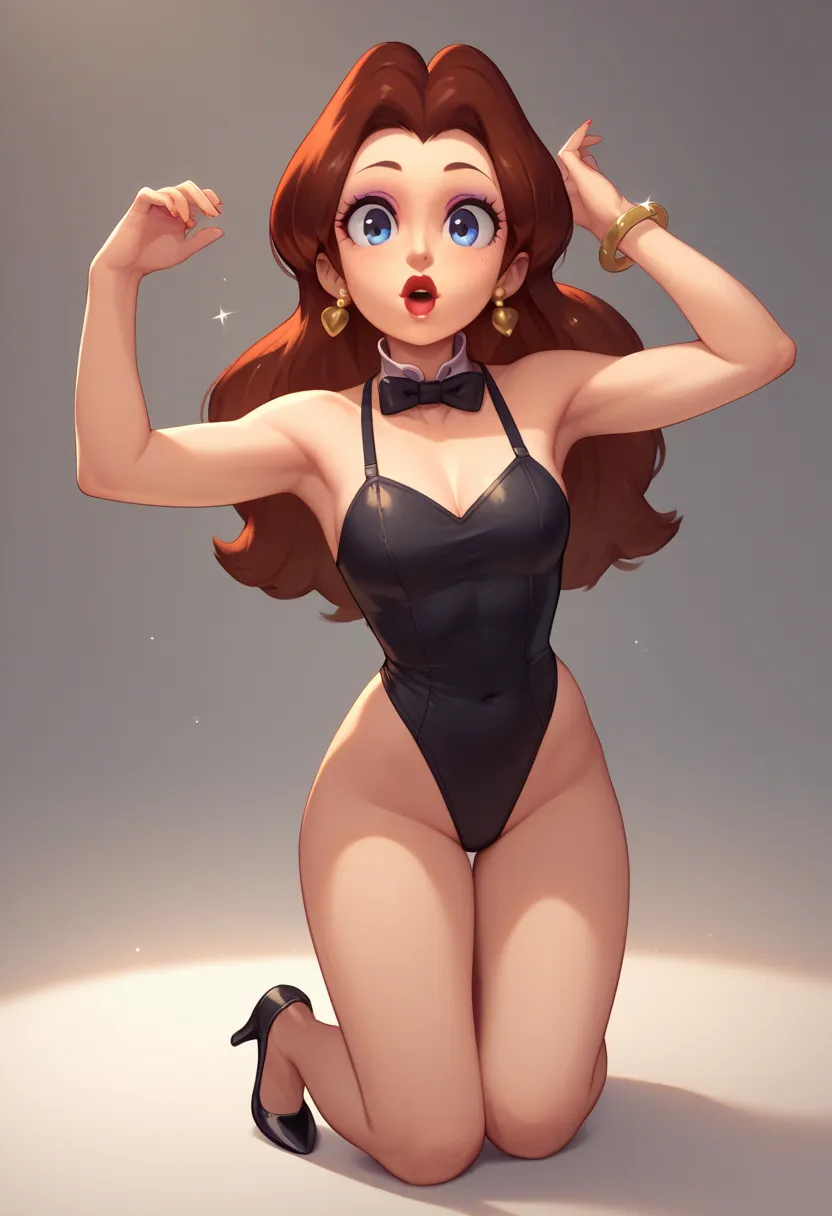 Cute Pauline with brunette hair color, wearing a sparkling black leotard, black Mary Jane strap tap heels,, performing on stage, black mix with brown hair, eyes are centered, black bow with a white collar around her neck, while tap dancing cute, with gorge...