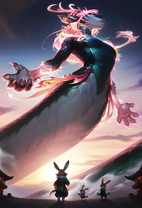 best quality, masterpiece \(quality\), L0LSPL4SH, year2024, year2023, anthro, no gender, dragon, chinese dragon, deer horns, rabbit eyes, bull ears, tiger claws, falcon paws, snake body, long body, hot pink, pastel pink, white, black, giant, over the sky,