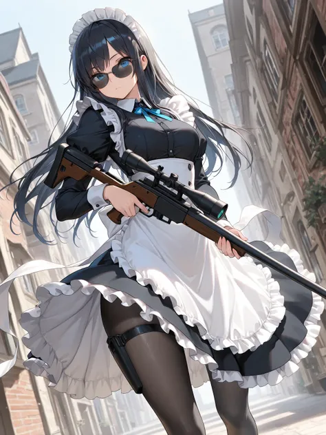 (masterpiece, best quality, extremely detailed), 
1girl, black hair, long hair, blue eyes, sunglasses, maid, frills, black pantyhose, holding sniper rifle, cinematic angle,