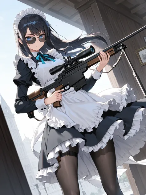 (masterpiece, best quality, extremely detailed), 
1girl, black hair, long hair, blue eyes, sunglasses, maid, frills, black pantyhose, holding sniper rifle, cinematic angle,