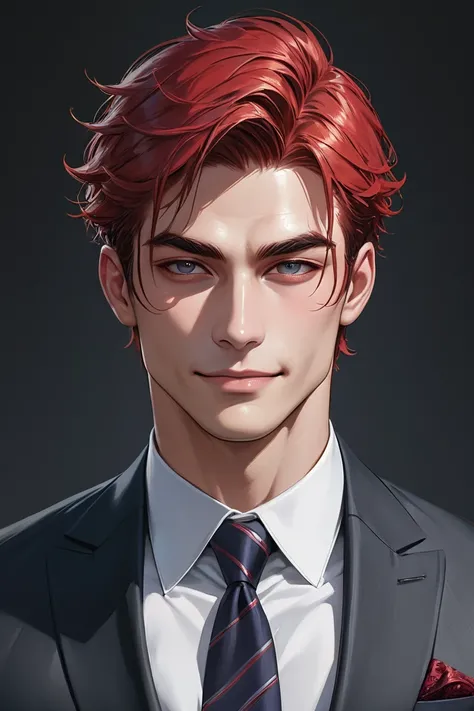 1 man,   male focus, tall muscular,   beautiful,   face ,   short hair,   smile, Suit,   portrait,   realistic, (  best quality, 4K, 8k,   highres,   masterpiece:1.2), (  ultra-detailed:1.3),   red hair, [  thick eyebrows :0.5]