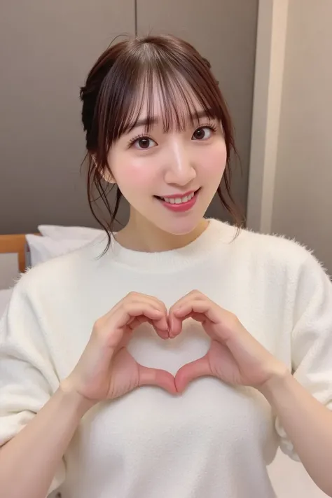  A woman with a cute smile is cute,  fluffy off-shoulder pajamas,  make a big heart with both hands ,  Pose with your arms in front of your chest, View above the collarbone、  background is bedroom ,I'm sitting on the bed with my knees bent,
